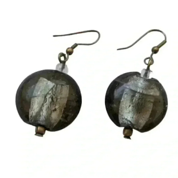 Earrings Venetian Glass Beads Dark Smoky Grey Silver Foil Handmade Jewelry Women - Picture 1 of 5